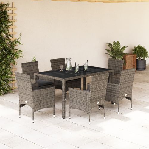 Ensemble à manger de jardin et coussins 7 pcs gris rotin verre - Photo n°2; ?>