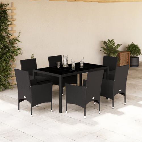 Ensemble à manger de jardin et coussins 7 pcs noir rotin acacia - Photo n°2; ?>