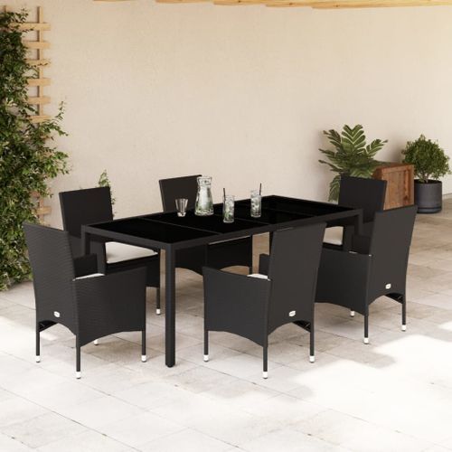 Ensemble à manger de jardin et coussins 7 pcs noir rotin acacia - Photo n°2; ?>