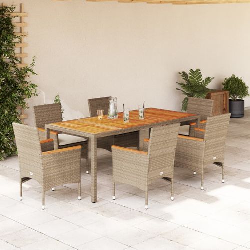 Ensemble à manger de jardin et coussins 7pcs beige rotin acacia - Photo n°2; ?>