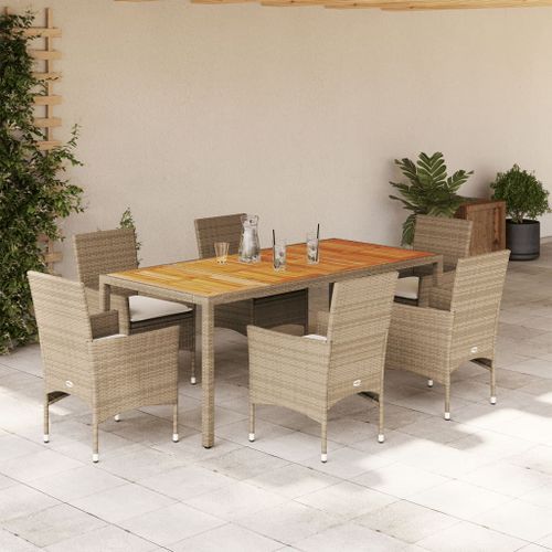 Ensemble à manger de jardin et coussins 7pcs beige rotin acacia - Photo n°2; ?>