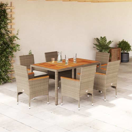 Ensemble à manger de jardin et coussins 7pcs beige rotin acacia - Photo n°2; ?>