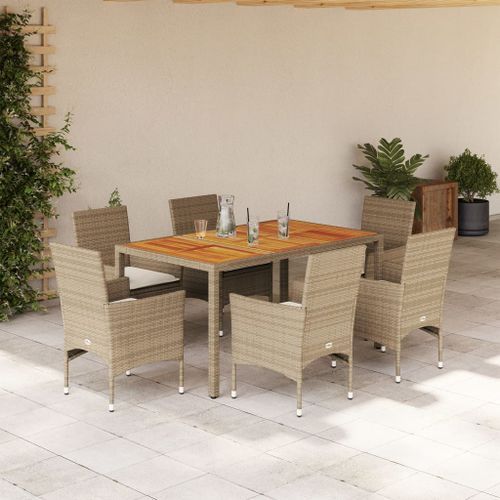 Ensemble à manger de jardin et coussins 7pcs beige rotin acacia - Photo n°2; ?>