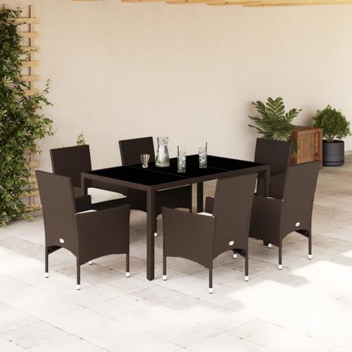 Ensemble à manger de jardin et coussins 7pcs marron rotin verre - Photo n°2; ?>