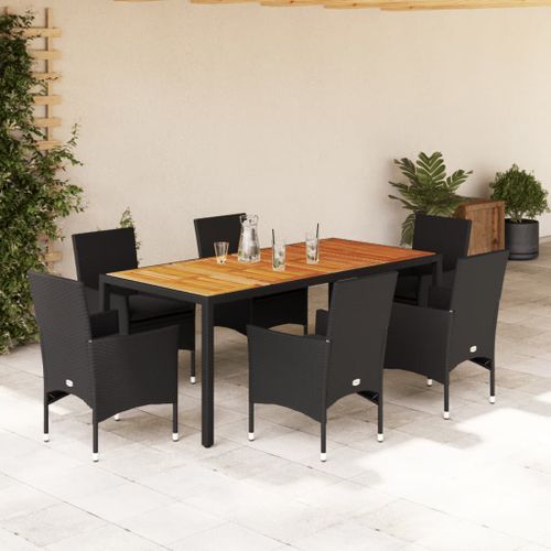 Ensemble à manger de jardin et coussins 7pcs noir rotin acacia - Photo n°2; ?>