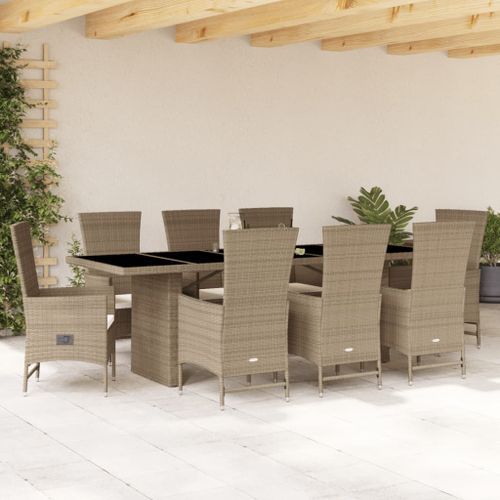 Ensemble à manger de jardin et coussins 9 pcs beige Poly rotin - Photo n°2; ?>