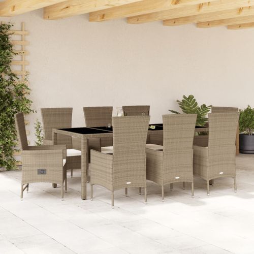 Ensemble à manger de jardin et coussins 9 pcs beige Poly rotin - Photo n°2; ?>