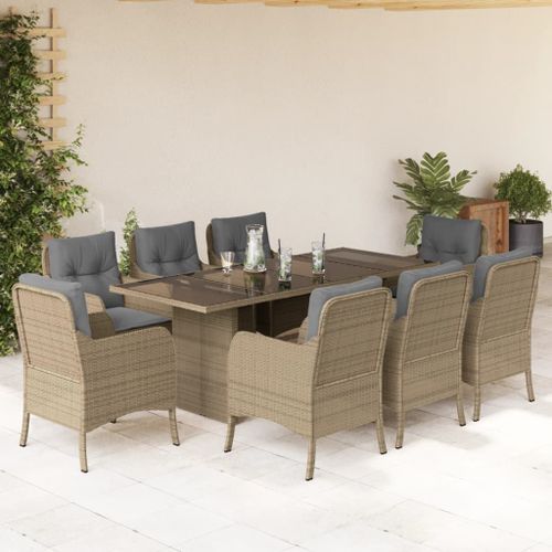 Ensemble à manger de jardin et coussins 9 pcs beige Poly rotin - Photo n°2; ?>