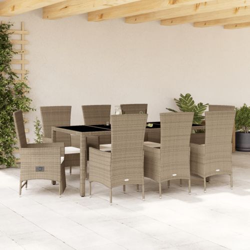 Ensemble à manger de jardin et coussins 9 pcs beige Poly rotin - Photo n°2; ?>