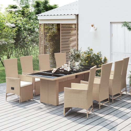 Ensemble à manger de jardin et coussins 9 pcs beige Poly rotin - Photo n°2; ?>