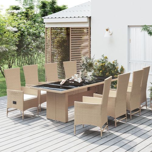 Ensemble à manger de jardin et coussins 9 pcs beige Poly rotin - Photo n°2; ?>