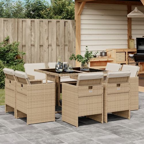 Ensemble à manger de jardin et coussins 9 pcs beige Poly rotin - Photo n°2; ?>