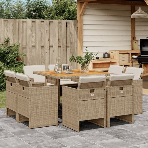 Ensemble à manger de jardin et coussins 9 pcs beige Poly rotin - Photo n°2; ?>