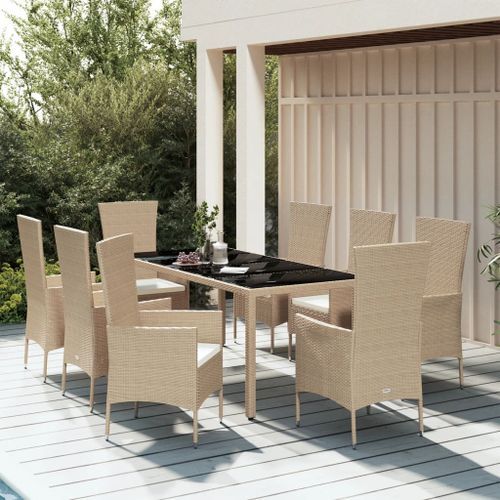 Ensemble à manger de jardin et coussins 9 pcs beige Poly rotin - Photo n°2; ?>