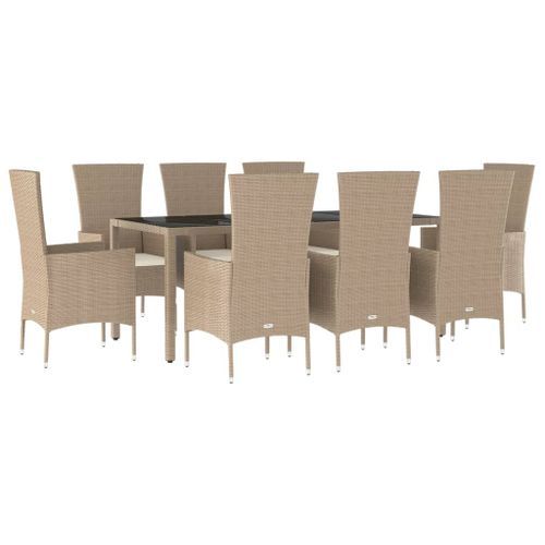 Ensemble à manger de jardin et coussins 9 pcs beige Poly rotin - Photo n°3; ?>