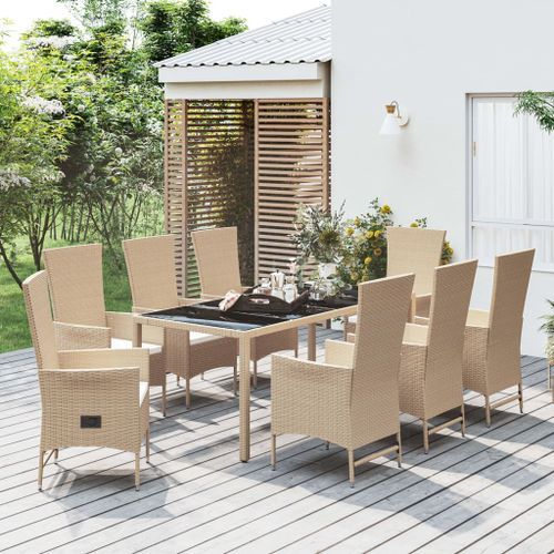 Ensemble à manger de jardin et coussins 9 pcs beige Poly rotin - Photo n°2; ?>