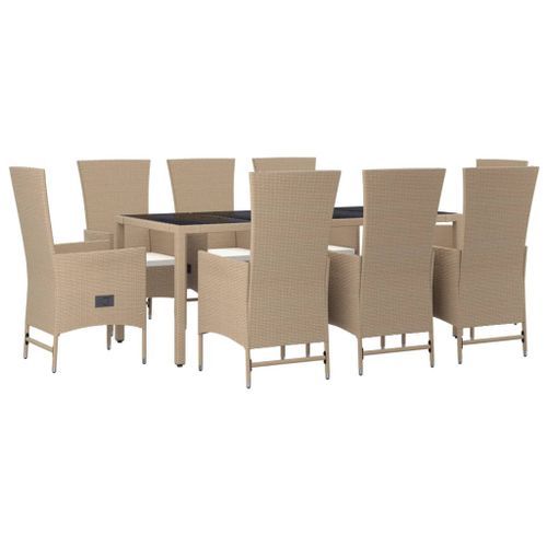 Ensemble à manger de jardin et coussins 9 pcs beige Poly rotin - Photo n°3; ?>