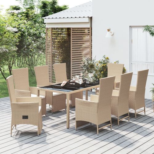 Ensemble à manger de jardin et coussins 9 pcs beige Poly rotin - Photo n°2; ?>