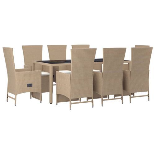 Ensemble à manger de jardin et coussins 9 pcs beige Poly rotin - Photo n°3; ?>