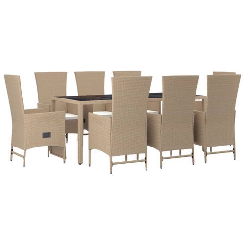 Ensemble à manger de jardin et coussins 9 pcs beige Poly rotin - Photo n°3; ?>