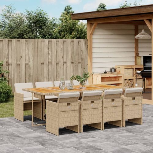 Ensemble à manger de jardin et coussins 9 pcs beige Poly rotin - Photo n°2; ?>