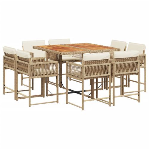 Ensemble à manger de jardin et coussins 9 pcs beige Poly rotin - Photo n°2; ?>