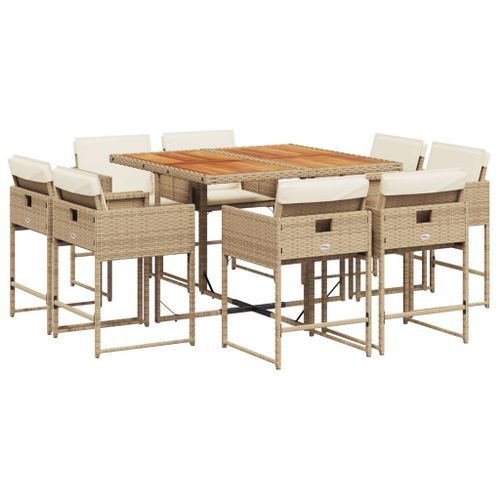 Ensemble à manger de jardin et coussins 9 pcs beige Poly rotin - Photo n°2; ?>