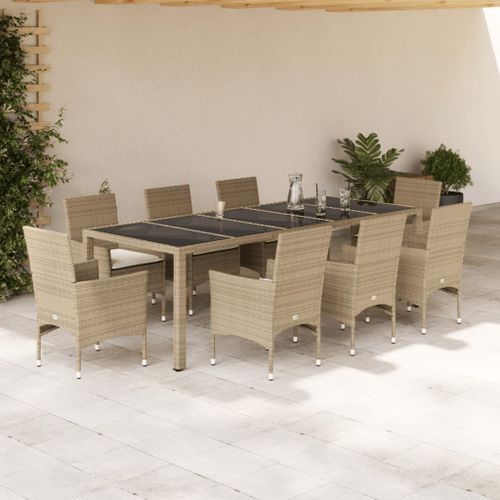 Ensemble à manger de jardin et coussins 9 pcs beige rotin verre - Photo n°2; ?>