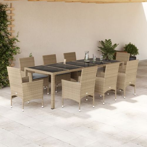 Ensemble à manger de jardin et coussins 9 pcs beige rotin verre - Photo n°2; ?>