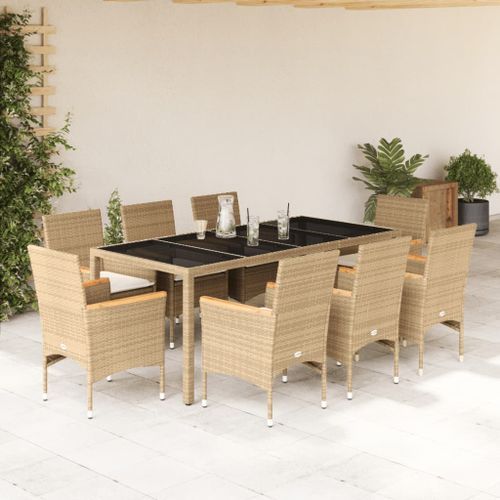 Ensemble à manger de jardin et coussins 9 pcs beige rotin verre - Photo n°2; ?>