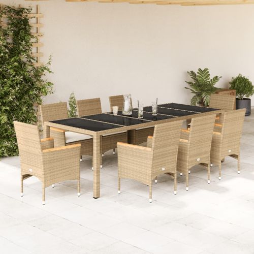 Ensemble à manger de jardin et coussins 9 pcs beige rotin verre - Photo n°2; ?>