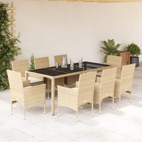 Ensemble à manger de jardin et coussins 9 pcs beige rotin verre - Photo n°2; ?>