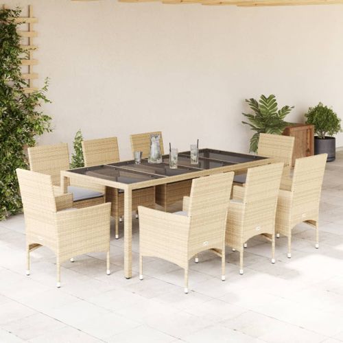 Ensemble à manger de jardin et coussins 9 pcs beige rotin verre - Photo n°2; ?>