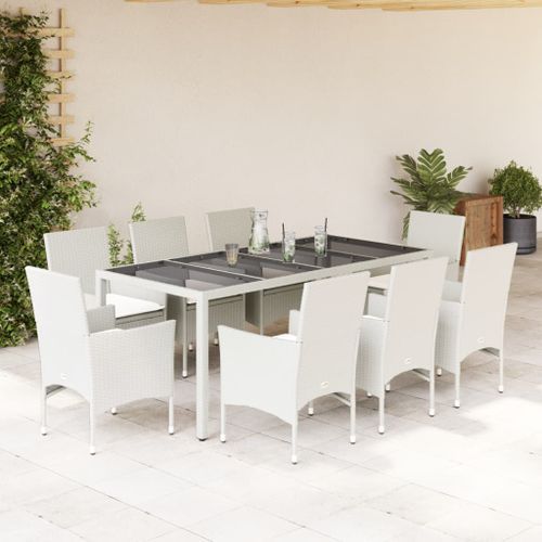 Ensemble à manger de jardin et coussins 9 pcs blanc rotin verre - Photo n°2; ?>