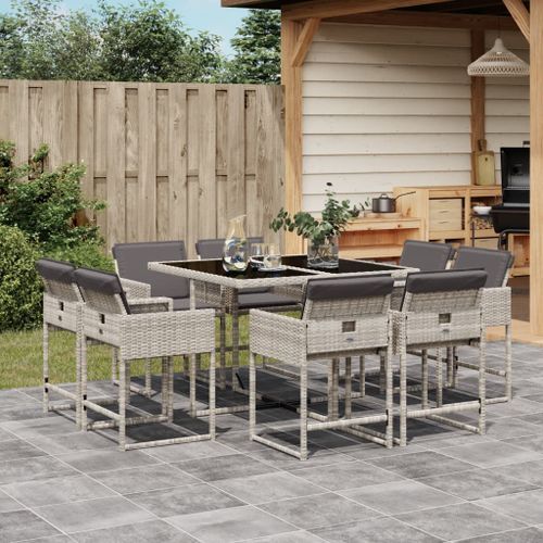 Ensemble à manger de jardin et coussins 9 pcs gris clair rotin - Photo n°2; ?>