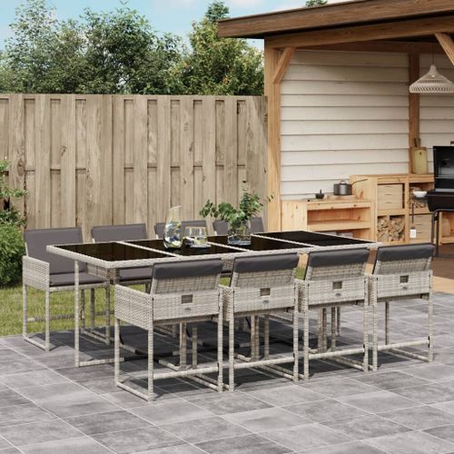 Ensemble à manger de jardin et coussins 9 pcs gris clair rotin - Photo n°2; ?>