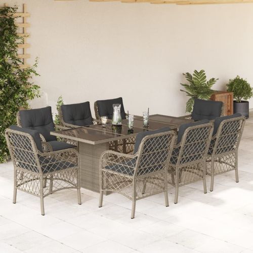 Ensemble à manger de jardin et coussins 9 pcs gris clair rotin - Photo n°2; ?>