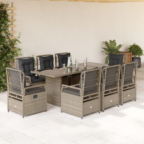 Ensemble à manger de jardin et coussins 9 pcs gris clair rotin - Photo n°2; ?>