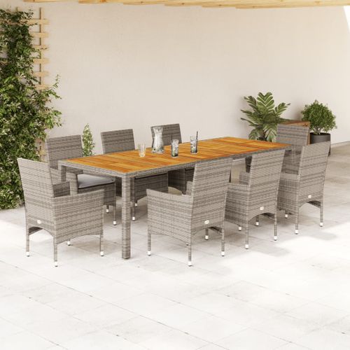 Ensemble à manger de jardin et coussins 9 pcs gris rotin acacia - Photo n°2; ?>