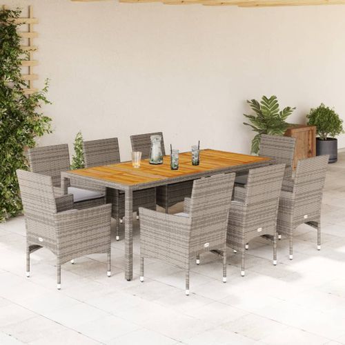 Ensemble à manger de jardin et coussins 9 pcs gris rotin acacia - Photo n°2; ?>