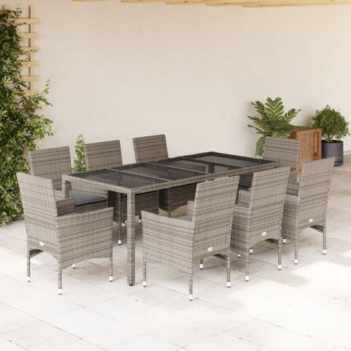 Ensemble à manger de jardin et coussins 9 pcs gris rotin verre - Photo n°2; ?>