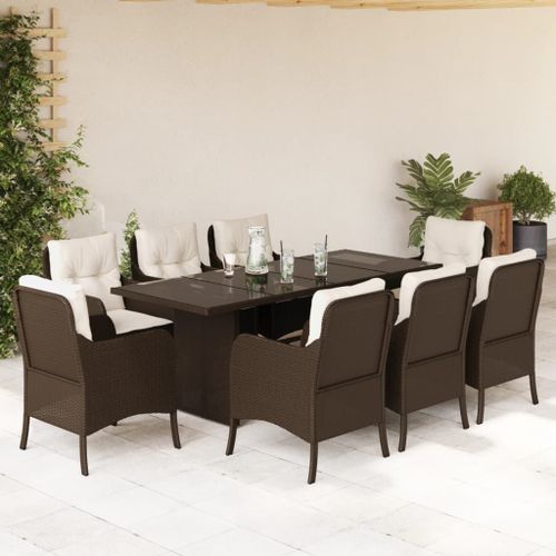 Ensemble à manger de jardin et coussins 9 pcs marron poly rotin - Photo n°2; ?>