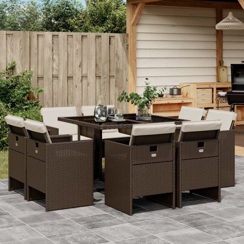 Ensemble à manger de jardin et coussins 9 pcs marron poly rotin - Photo n°2; ?>