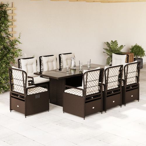 Ensemble à manger de jardin et coussins 9 pcs marron poly rotin - Photo n°2; ?>