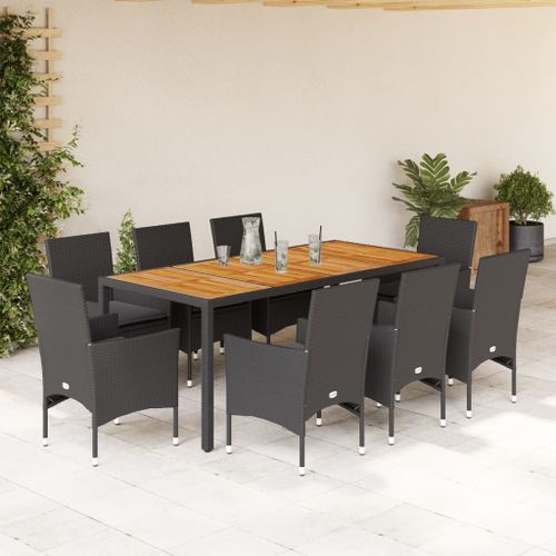 Ensemble à manger de jardin et coussins 9 pcs noir rotin acacia - Photo n°2; ?>