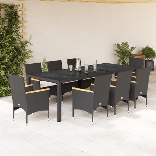 Ensemble à manger de jardin et coussins 9 pcs noir rotin verre - Photo n°2; ?>