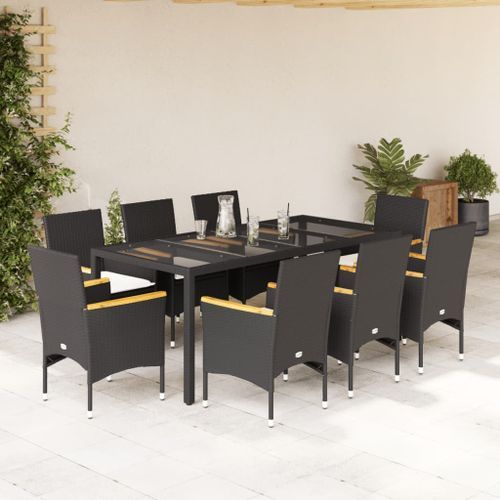 Ensemble à manger de jardin et coussins 9 pcs noir rotin verre - Photo n°2; ?>