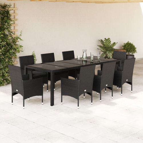 Ensemble à manger de jardin et coussins 9 pcs noir rotin verre - Photo n°2; ?>