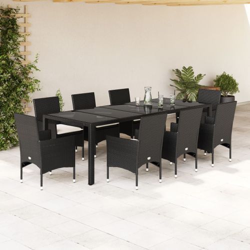 Ensemble à manger de jardin et coussins 9 pcs noir rotin verre - Photo n°2; ?>