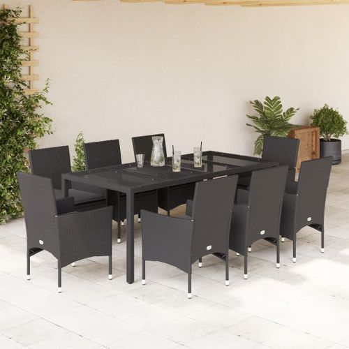 Ensemble à manger de jardin et coussins 9 pcs noir rotin verre - Photo n°2; ?>